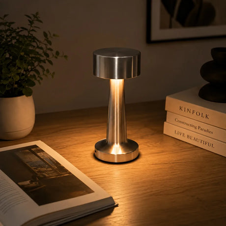 Dumbbell-Shape Metal Touch Lamp – Brushed Body, 3 Color Temperatures, Wireless & Portable, Soft Eye-Friendly Ambient Light（Space silver）