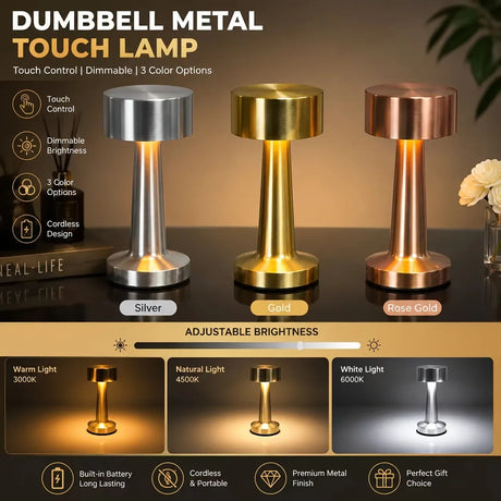 Dumbbell-Shape Metal Touch Lamp – Brushed Body, 3 Color Temperatures, Wireless & Portable, Soft Eye-Friendly Ambient Light（Red Bronze）