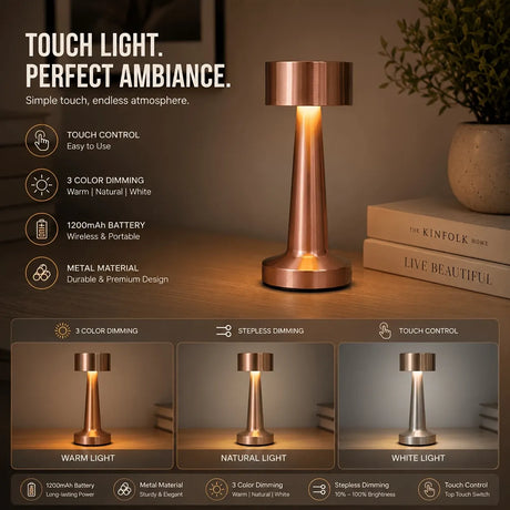 Dumbbell-Shape Metal Touch Lamp – Brushed Body, 3 Color Temperatures, Wireless & Portable, Soft Eye-Friendly Ambient Light（Red Bronze）