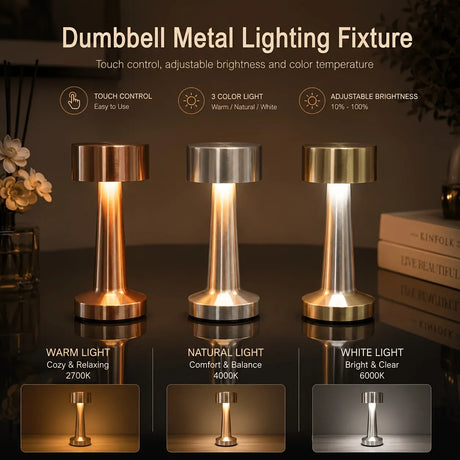 Dumbbell-Shape Metal Touch Lamp – Brushed Body, 3 Color Temperatures, Wireless & Portable, Soft Eye-Friendly Ambient Light（Matte Black）