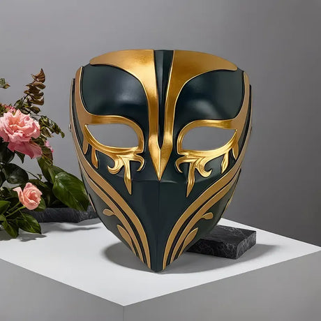 Resin Night Jasmine Full Face Mask, Black & Gold Relief Dark Style, Halloween Christmas Masquerade Prop, Bar KTV Decorative Ornament, Essential for Stylish Photoshoots
