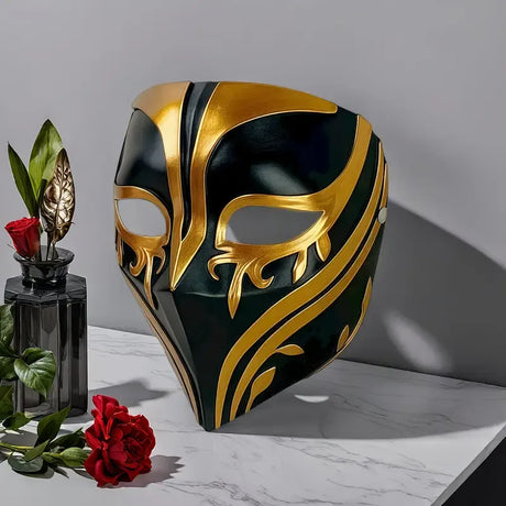 Resin Night Jasmine Full Face Mask, Black & Gold Relief Dark Style, Halloween Christmas Masquerade Prop, Bar KTV Decorative Ornament, Essential for Stylish Photoshoots