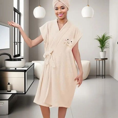 Women's Coral Fleece Pineapple Grid Two-Piece Set | Cloud-Like Touch Adjustable Bath Robe + Hair Towel, Adjustable Tie Belt, Suitable for Daily Home Use(Qingxin powder)