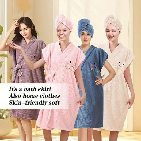 Women's Coral Fleece Pineapple Grid Two-Piece Set | Cloud-Like Touch Adjustable Bath Robe + Hair Towel, Adjustable Tie Belt, Suitable for Daily Home Use(Red bean paste purple)