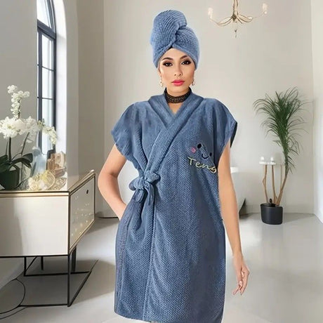 Women's Coral Fleece Pineapple Grid Two-Piece Set | Cloud-Like Touch Adjustable Bath Robe + Hair Towel, Adjustable Tie Belt, Suitable for Daily Home Use(Red bean paste purple)