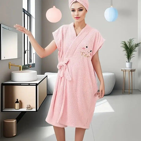 Women's Coral Fleece Pineapple Grid Two-Piece Set | Cloud-Like Touch Adjustable Bath Robe + Hair Towel, Adjustable Tie Belt, Suitable for Daily Home Use(Red bean paste purple)