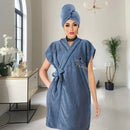 Women's Coral Fleece Pineapple Grid Two-Piece Set | Cloud-Like Touch Adjustable Bath Robe + Hair Towel, Adjustable Tie Belt, Suitable for Daily Home Use(Haze blue)