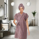 Women's Coral Fleece Pineapple Grid Two-Piece Set | Cloud-Like Touch Adjustable Bath Robe + Hair Towel, Adjustable Tie Belt, Suitable for Daily Home Use(Haze blue)