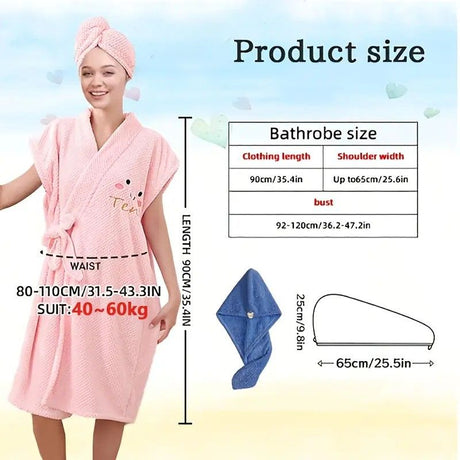 Women's Coral Fleece Pineapple Grid Two-Piece Set | Cloud-Like Touch Adjustable Bath Robe + Hair Towel, Adjustable Tie Belt, Suitable for Daily Home Use(Cream white)