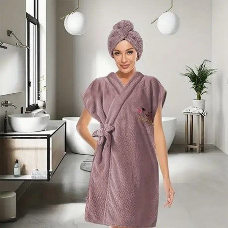 Women's Coral Fleece Pineapple Grid Two-Piece Set | Cloud-Like Touch Adjustable Bath Robe + Hair Towel, Adjustable Tie Belt, Suitable for Daily Home Use(Cream white)