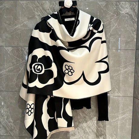 Elegant Camellia Scarf - Breathable and Warm Women's Shawl Black and White Fashion, Perfect for Spring and Summer Styling  Versatile Beach Accessory
