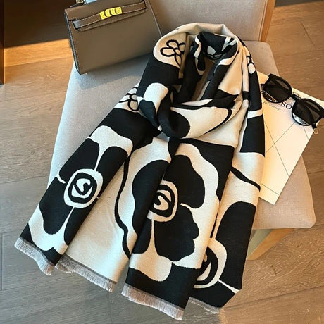 Elegant Camellia Scarf - Breathable and Warm Women's Shawl Black and White Fashion, Perfect for Spring and Summer Styling  Versatile Beach Accessory