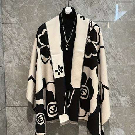 Elegant Camellia Scarf - Breathable and Warm Women's Shawl Black and White Fashion, Perfect for Spring and Summer Styling  Versatile Beach Accessory