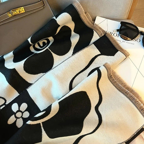 Elegant Camellia Scarf - Breathable and Warm Women's Shawl Black and White Fashion, Perfect for Spring and Summer Styling  Versatile Beach Accessory