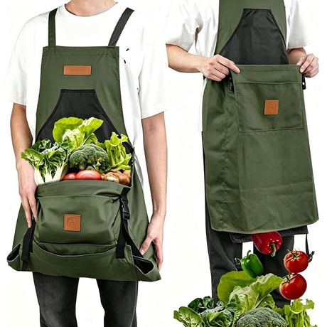 Oxford Cloth Waterproof Gardening Apron, Large Capacity Kangaroo Pocket, Cross Back Straps Comfortable, Great Helper for Picking and Weeding(grey)