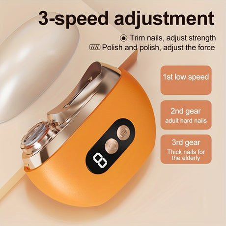 Smart Electric Nail Clipper 2-in-1 Polishing & Trimming Tool, USB rechargeable, with 500mAh lithium polymer battery, featuring anti-cut protection, grinding, and lighting functions. Ideal for nail care, filing, polishing, and shaping—white