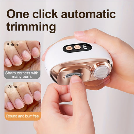 Smart Electric Nail Clipper 2-in-1 Polishing & Trimming Tool, USB rechargeable with 500mAh lithium polymer battery. Features anti-cut protection, grinding, and illumination functions, suitable for nail care, filing, polishing, and shaping.yellow