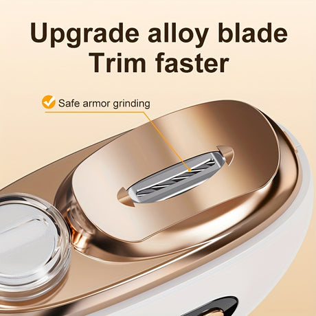 Smart Electric Nail Clipper 2-in-1 Polishing & Trimming Tool, USB rechargeable with 500mAh lithium polymer battery. Features anti-cut protection, grinding, and illumination functions, suitable for nail care, filing, polishing, and shaping.yellow