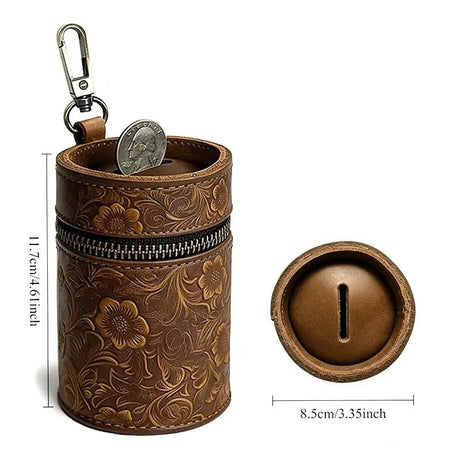 Genuine Leather Carved Barrel Piggy Bank, Natural Top Grain Cowhide Vintage Relief, Zipper Closure Portable