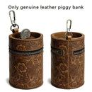 Genuine Leather Carved Barrel Piggy Bank, Natural Top Grain Cowhide Vintage Relief, Zipper Closure Portable