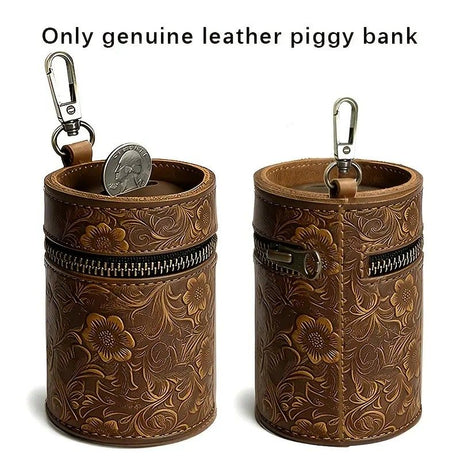 Genuine Leather Carved Barrel Piggy Bank, Natural Top Grain Cowhide Vintage Relief, Zipper Closure Portable
