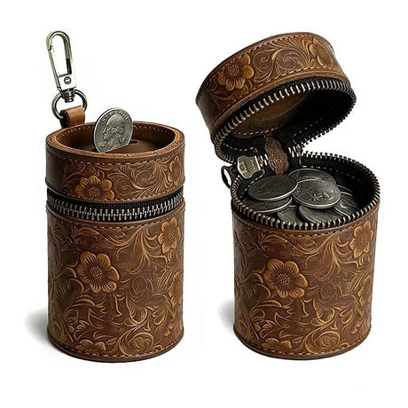 Genuine Leather Carved Barrel Piggy Bank, Natural Top Grain Cowhide Vintage Relief, Zipper Closure Portable