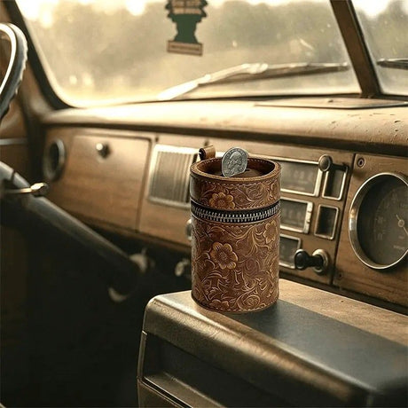Genuine Leather Carved Barrel Piggy Bank, Natural Top Grain Cowhide Vintage Relief, Zipper Closure Portable