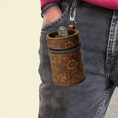 Genuine Leather Carved Barrel Piggy Bank, Natural Top Grain Cowhide Vintage Relief, Zipper Closure Portable