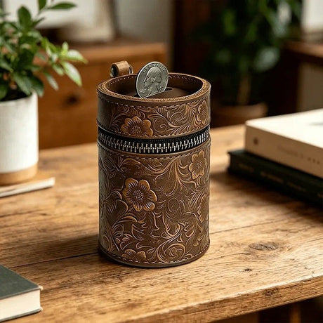 Genuine Leather Carved Barrel Piggy Bank, Natural Top Grain Cowhide Vintage Relief, Zipper Closure Portable