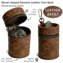 Genuine Leather Carved Barrel Piggy Bank, Natural Top Grain Cowhide Vintage Relief, Zipper Closure Portable