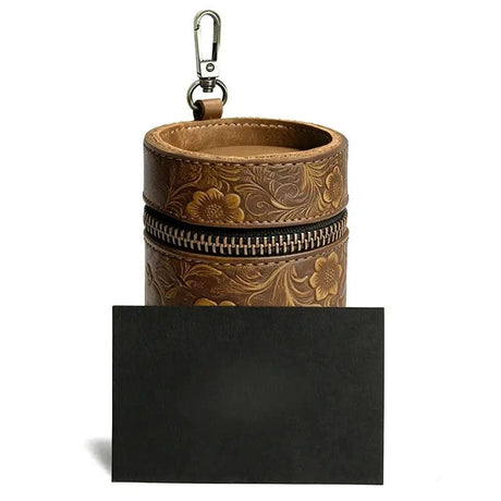Genuine Leather Carved Barrel Piggy Bank, Natural Top Grain Cowhide Vintage Relief, Zipper Closure Portable