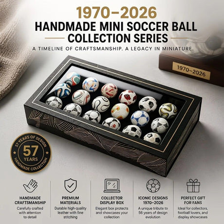 1970-2026 Handmade Mini Football Ornaments, 15 Classic Reproductions, Leather Hand-Stitched, with Acrylic Display Case, Desktop Decoration and Fan Collection Memorabilia.