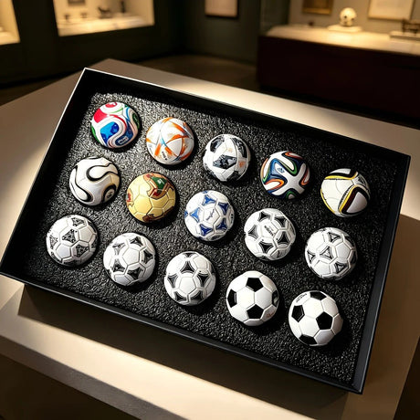 1970-2026 Handmade Mini Football Ornaments, 15 Classic Reproductions, Leather Hand-Stitched, with Acrylic Display Case, Desktop Decoration and Fan Collection Memorabilia.