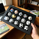 1970-2026 Handmade Mini Football Ornaments, 15 Classic Reproductions, Leather Hand-Stitched, with Acrylic Display Case, Desktop Decoration and Fan Collection Memorabilia.