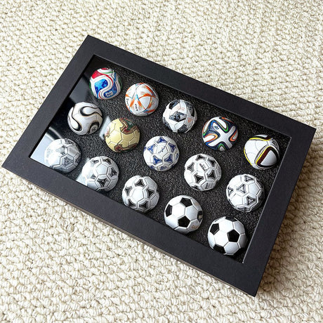 1970-2026 Handmade Mini Football Ornaments, 15 Classic Reproductions, Leather Hand-Stitched, with Acrylic Display Case, Desktop Decoration and Fan Collection Memorabilia.
