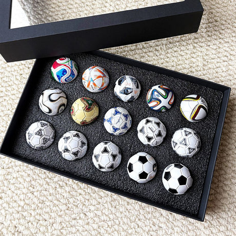 1970-2026 Handmade Mini Football Ornaments, 15 Classic Reproductions, Leather Hand-Stitched, with Acrylic Display Case, Desktop Decoration and Fan Collection Memorabilia.