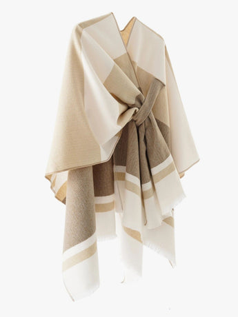 European and American minimalist cross-tie plaid cape cloak, acrylic warm versatile autumn winter outerwear fashion piece(creamy white)
