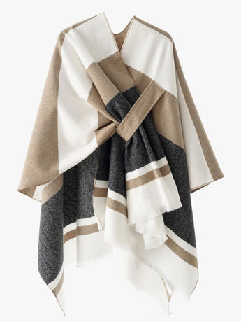 European and American minimalist cross-tie plaid cape cloak, acrylic warm versatile autumn winter outerwear fashion piece(creamy white)