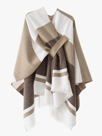 European and American minimalist cross-tie plaid cape cloak, acrylic warm versatile autumn winter outerwear fashion piece(navy blue)