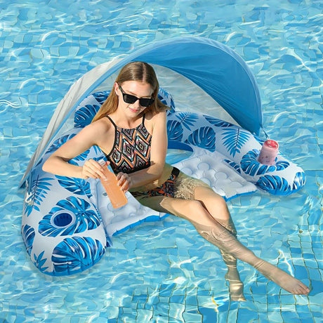 Adult Pool Floating Bed with Canopy: Upgraded Large Space, Adjustable Shade, Ergonomic Headrest, Dual Cup Holders, Portable and Comfortable.BLUE