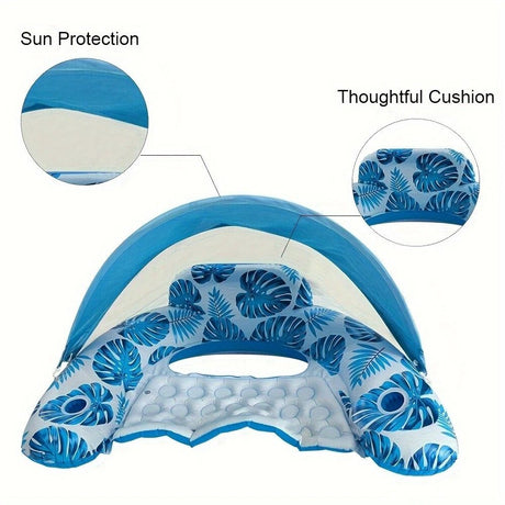 Adult Pool Floating Bed with Canopy: Upgraded Large Space, Adjustable Shade, Ergonomic Headrest, Dual Cup Holders, Portable and Comfortable.BLUE