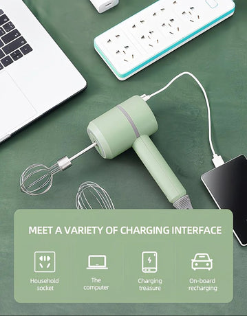 Pink  Wireless charging handheld mixer, 30W with three-speed settings. Dual whisk heads designed for whipping eggs, cream, and batter. Suitable for both kitchen and outdoor use, also an ideal gift.
