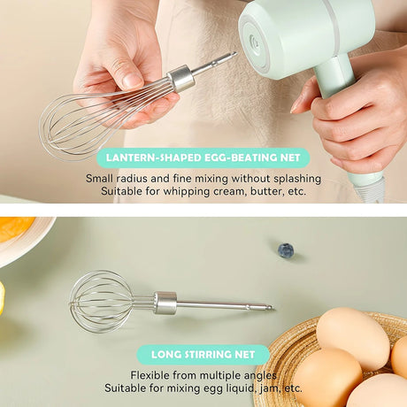 Pink  Wireless charging handheld mixer, 30W with three-speed settings. Dual whisk heads designed for whipping eggs, cream, and batter. Suitable for both kitchen and outdoor use, also an ideal gift.