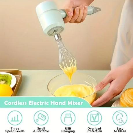 Pink  Wireless charging handheld mixer, 30W with three-speed settings. Dual whisk heads designed for whipping eggs, cream, and batter. Suitable for both kitchen and outdoor use, also an ideal gift.