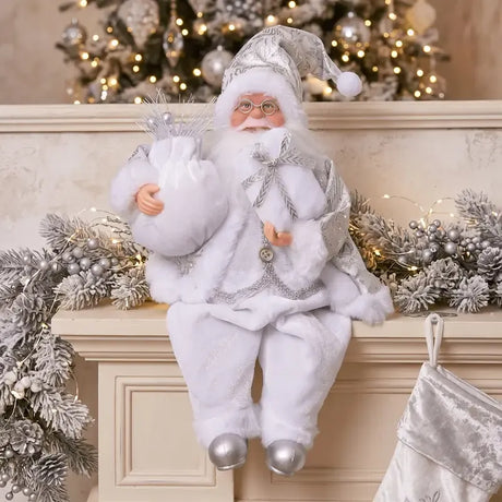 Collectible Sitting Santa Claus Doll | Classic Outfit with Gift Bag, Desktop & Mantel Décor, Ideal New Year & Christmas Gift / Silver-White Sitting Old Man