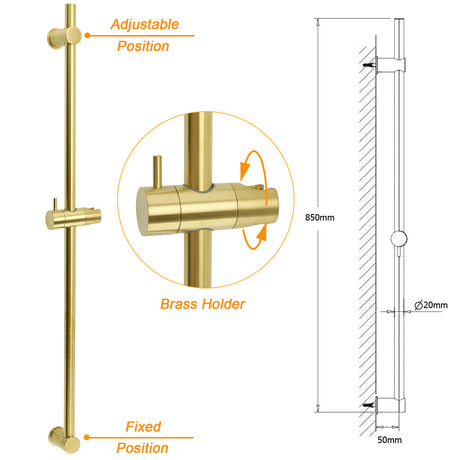 Brushed Gold Brass 850mm Long Sliding Rail Bar Swivel Handheld Shower Holder Kit