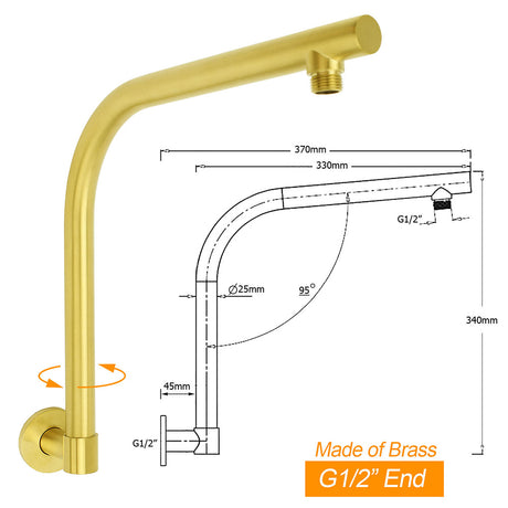 Brushed Gold Round 12 Inch Rain Shower Head Swivel Brass Gooseneck Wall Arm Set