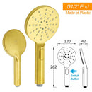 Brushed Gold Round 12" Rain Shower Head 3 Mode Handheld Diverter Wall Arm Set