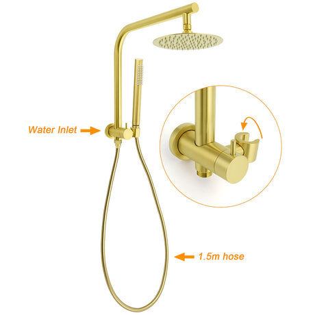 WELS Brushed Gold Round Twin Shower Head Set Diverter Wall Arm Single Mode Handheld Wall Mixer