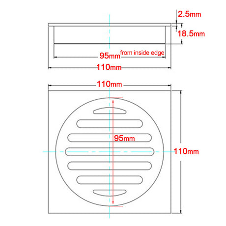 Chrome Stainless Steel 110mm Small Square Shower Grate Floor Drain 95mm Outlet